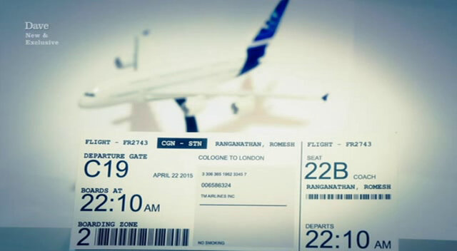 Image of a ticket for a return flight from Luton airport to Cologne, in Romesh Ranganathan’s name. Image of a ticket for a return flight from Luton airport to Cologne, in Romesh Ranganathan’s name.