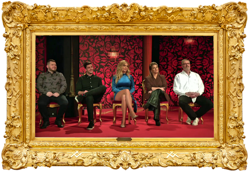 Image of the panel of contestants seated on stage together during this episode. Image of the panel of contestants seated on stage together during this episode.