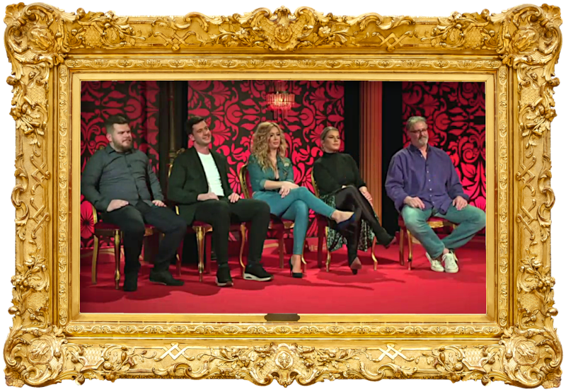 Image of the panel of contestants seated on stage together during this episode. Image of the panel of contestants seated on stage together during this episode.