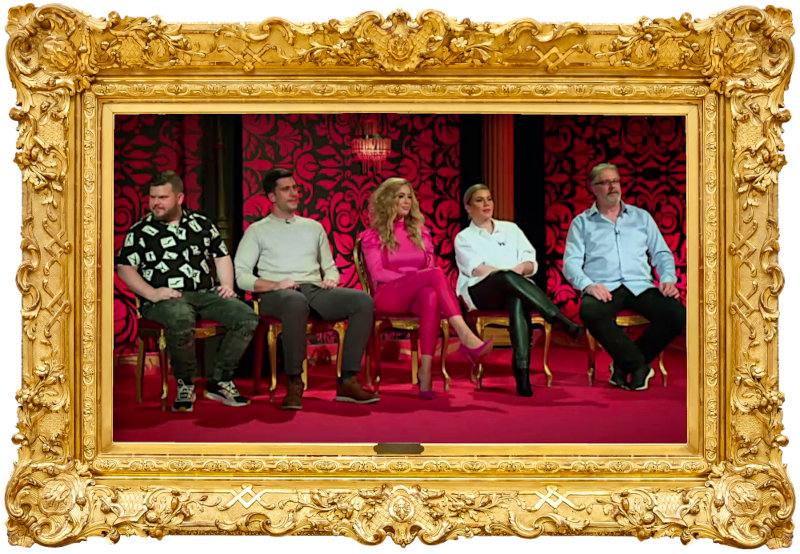 Image of the panel of contestants seated on stage together during this episode. Image of the panel of contestants seated on stage together during this episode.