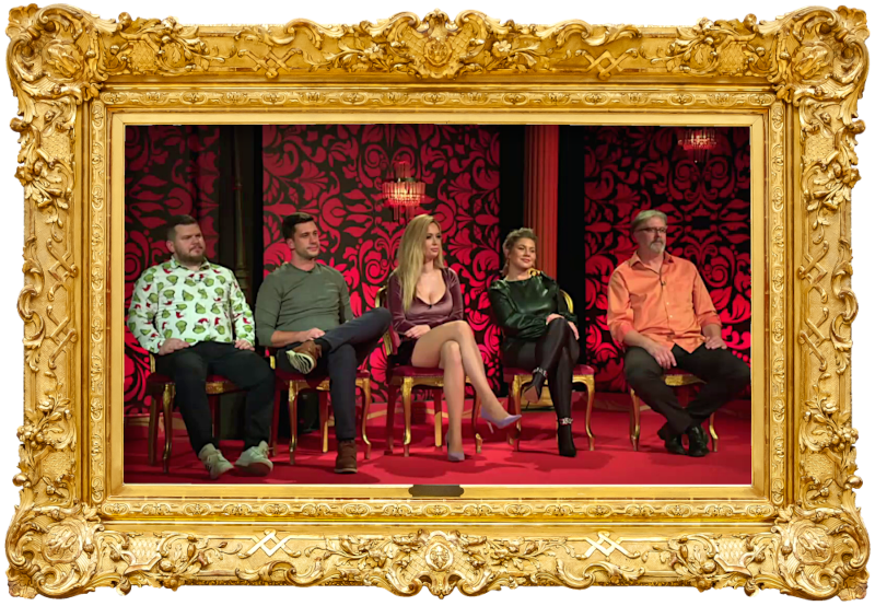 Image of the panel of contestants seated on stage together during this episode. Image of the panel of contestants seated on stage together during this episode.