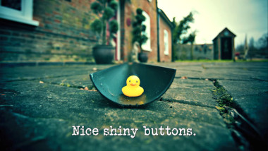 Photo of a small rubber duck resting in a length of black guttering on a patio (referencing the 'Get the duck into the bucket' task), with the episode title, 'Nice shiny buttons', superimposed on it.