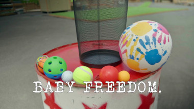 Image of a variety of balls and a wire waste paper basket on top of a painted oil drum (a reference to the 'Get a ball into a bin with the most bounces' task, which was actually in episode 2 of this season), with the episode title 'Baby freedom' superimposed on it.