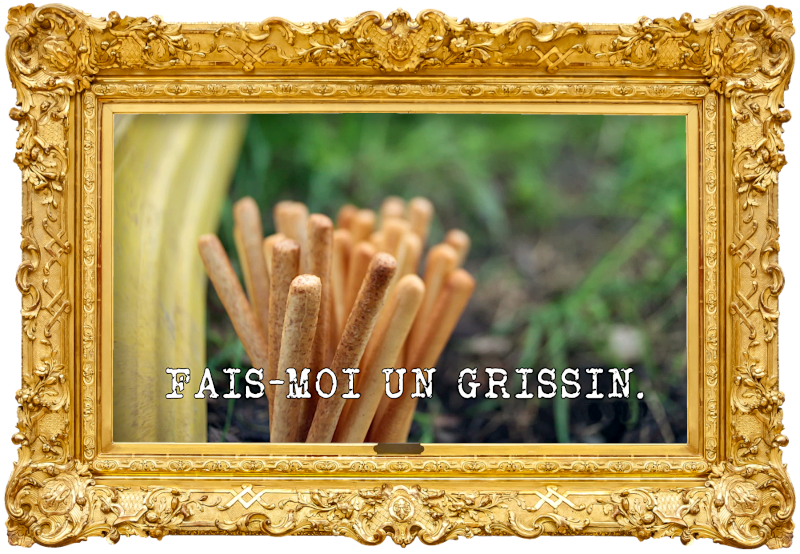 Close-up image of some breadsticks next to the edge of a yellow plastic slide (a reference to the ‘Push a watermelon up a slide using breadsticks’ task), with the episode title 'Fais-moi un Grissin' ['Make Me a Breadstick'] superimposed on it.