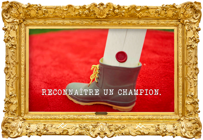 Image of a task brief stuck into a work boot on a red rug (a reference to the ‘Catapult a boot into a bathtub’ task), with the episode title 'Reconnaître un champion' ['Recognise a champion'] superimposed on it.
