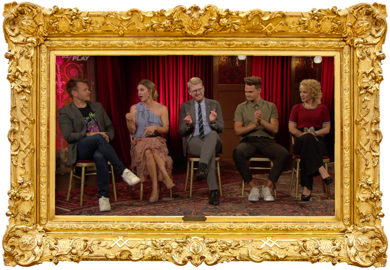 Image of the panel of contestants seated on stage together during this episode. Image of the panel of contestants seated on stage together during this episode.