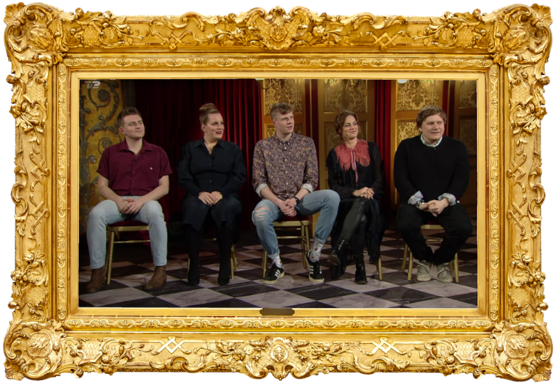 Image of the panel of contestants seated on stage together during this episode. Image of the panel of contestants seated on stage together during this episode.