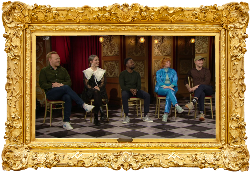 Image of the panel of contestants seated on stage together during this episode. Image of the panel of contestants seated on stage together during this episode.