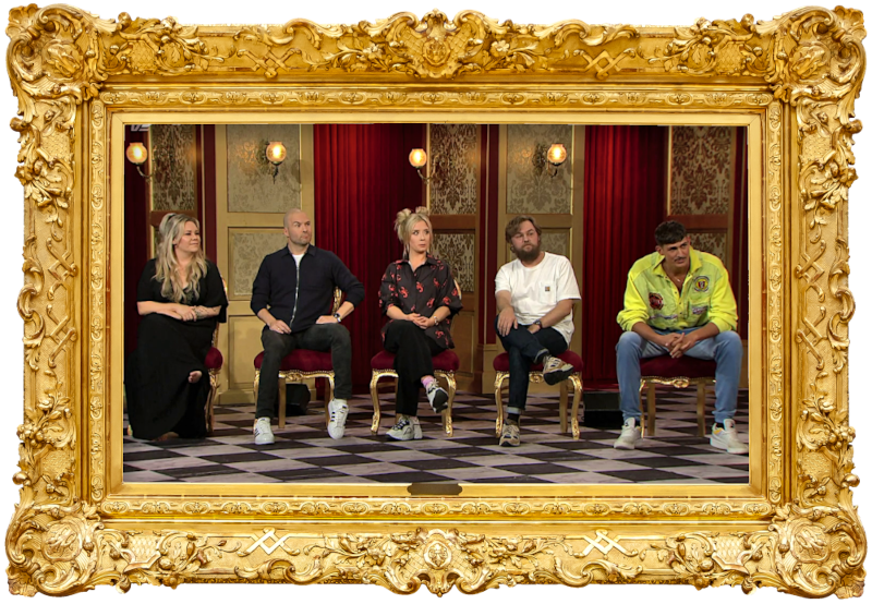 Image of the panel of contestants seated on stage together during this episode. Image of the panel of contestants seated on stage together during this episode.