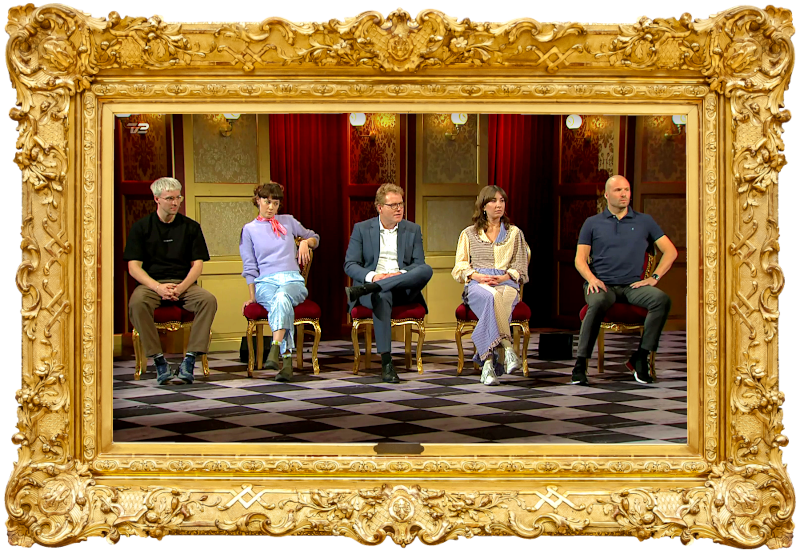 Image of the panel of contestants seated on stage together during this episode. Image of the panel of contestants seated on stage together during this episode.