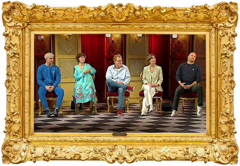 Image of the panel of contestants seated on stage together during this episode. Image of the panel of contestants seated on stage together during this episode.