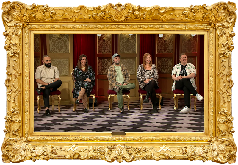 Image of the panel of contestants seated on stage together during this episode. Image of the panel of contestants seated on stage together during this episode.
