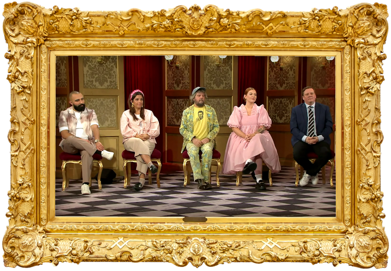 Image of the panel of contestants seated on stage together during this episode. Image of the panel of contestants seated on stage together during this episode.