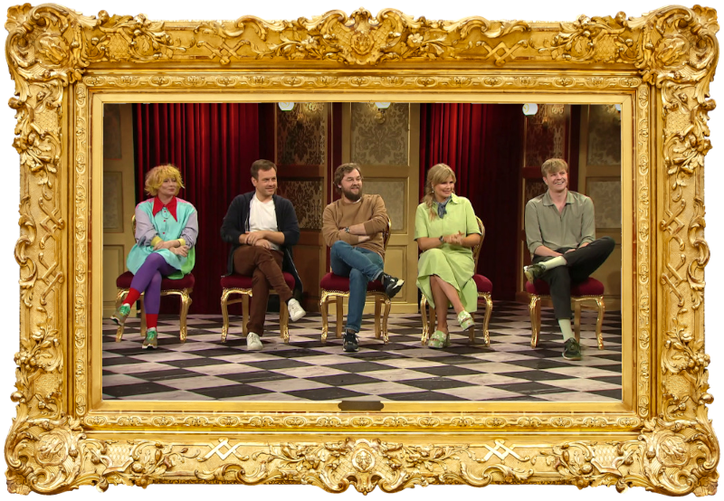 Image of the panel of contestants seated on stage together during this episode. Image of the panel of contestants seated on stage together during this episode.