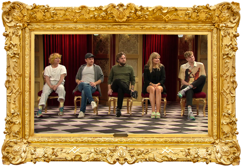 Image of the panel of contestants seated on stage together during this episode. Image of the panel of contestants seated on stage together during this episode.