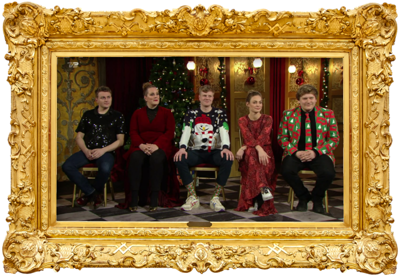 Image of the panel of contestants seated on stage together during this episode. Image of the panel of contestants seated on stage together during this episode.