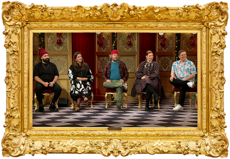 Image of the panel of contestants seated on stage together during this episode. Image of the panel of contestants seated on stage together during this episode.