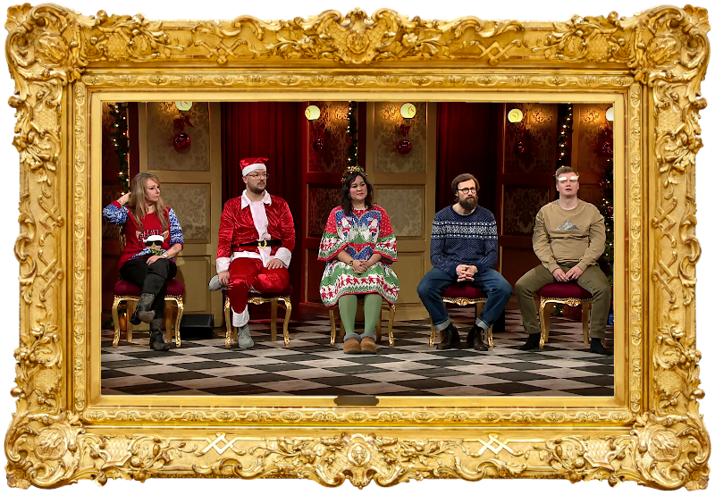 Image of the panel of contestants seated on stage together during this episode. Image of the panel of contestants seated on stage together during this episode.