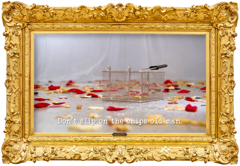 Image of a chip frying basket on the floor of the lab, surrounded by chips and balloon fragments (a reference to the 'Fill your basket with hot chips' task), with the episode title, 'Don’t slip on the chips old man', superimposed on it. Image of a chip frying basket on the floor of the lab, surrounded by chips and balloon fragments (a reference to the 'Fill your basket with hot chips' task), with the episode title, 'Don’t slip on the chips old man', superimposed on it.