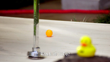 Image of an orange ping pong ball on a concrete platform, with a chrome pipe and an out-of-focus rubber duck on top of a tyre in the foreground (a reference to the 'Get the ping pong ball out of the bath' task), with the episode title 'What is life?' superimposed on it.