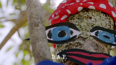 Image of a tree dressed up as Rosie the Riveter (a reference to Brynley's attempt at the 'Make a tree sexy' task), with the episode title, 'D.A.P.', superimposed on it.