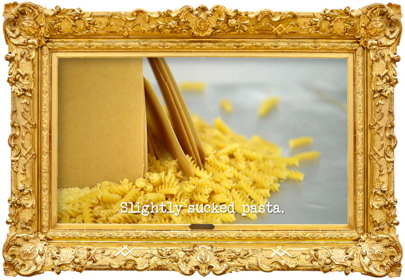 Close-up image of some fusilli and some lasagna sheets stacked on a table (a reference to Hayley Sproull and Ben Hurley's attempt at the 'Make a leaning tower of dry pasta' task), with the episode title, 'Slightly sucked pasta', superimposed on it. Close-up image of some fusilli and some lasagna sheets stacked on a table (a reference to Hayley Sproull and Ben Hurley's attempt at the 'Make a leaning tower of dry pasta' task), with the episode title, 'Slightly sucked pasta', superimposed on it.