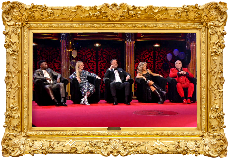 Image of the cast of the special seated together on stage. Image of the cast of the special seated together on stage.