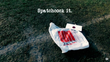 Image of a 'Tasko' brand plastic carrier bag (taken during the 'Score a goal with a shopping bag' task), with the episode title, 'Spatchcock it', superimposed on it.