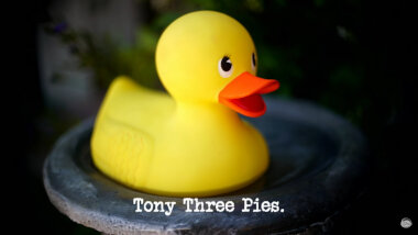 Image of a rubber duck (potentially a reference to any or all of three tasks during the episode involving ducks), with the episode title, 'Tony Three Pies', superimposed on it.