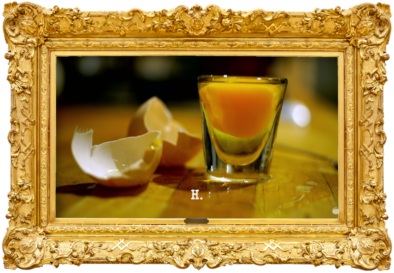 Image of the two halves of an egg shell, and its contents in a shot glass (presumably a reference to the two tasks in the episode involving eggs), with the episode title, 'H', superimposed on it. Image of the two halves of an egg shell, and its contents in a shot glass (presumably a reference to the two tasks in the episode involving eggs), with the episode title, 'H', superimposed on it.