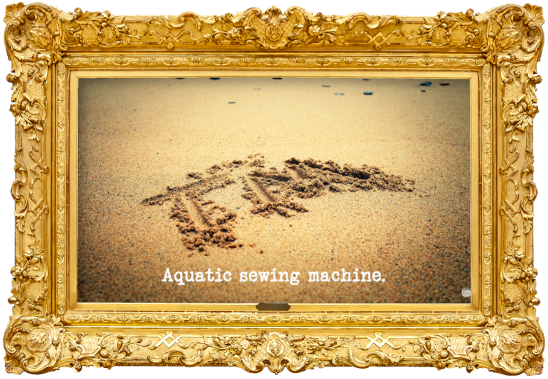 Image of the letters 'TM' written in the sand of a beach (a reference to the 'Make a portrait of a former contestant using sand and one tool' task), with the episode title, 'Aquatic sewing machine', superimposed on it. Image of the letters 'TM' written in the sand of a beach (a reference to the 'Make a portrait of a former contestant using sand and one tool' task), with the episode title, 'Aquatic sewing machine', superimposed on it.