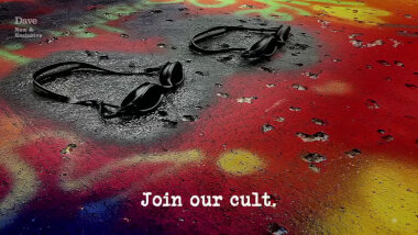 Image of two pairs of swimming goggles which have been spray-painted black (a reference to the goggles used in the 'Arrange the lollies in rainbow order' task), with the episode title, 'Join our cult', superimposed on it.