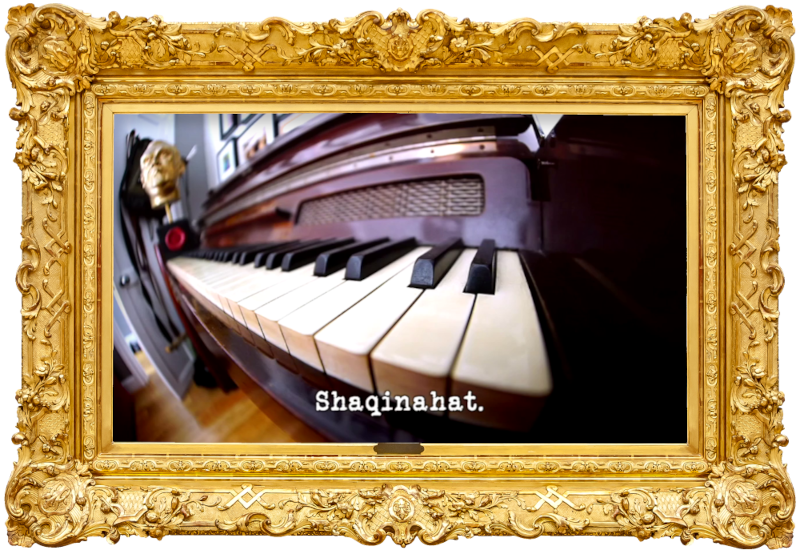 Distorted wide angle image of a piano keyboard, with a Taskmaster trophy visible at its far end (a reference to the 'Write and perform lyrics for the Taskmaster theme tune' task, and possibly also the 'Supply a soundtrack for a film' task), with the episode title, 'Shaqinahat', superimposed on it. Distorted wide angle image of a piano keyboard, with a Taskmaster trophy visible at its far end (a reference to the 'Write and perform lyrics for the Taskmaster theme tune' task, and possibly also the 'Supply a soundtrack for a film' task), with the episode title, 'Shaqinahat', superimposed on it.