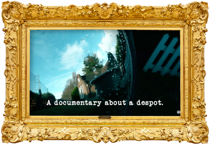 Image of a reflection of the Taskmaster house on a convex mirror (this does not appear to be a reference to anything that occurs during the episode), with the episode title, 'A documentary about a despot', superimposed on it. Image of a reflection of the Taskmaster house on a convex mirror (this does not appear to be a reference to anything that occurs during the episode), with the episode title, 'A documentary about a despot', superimposed on it.