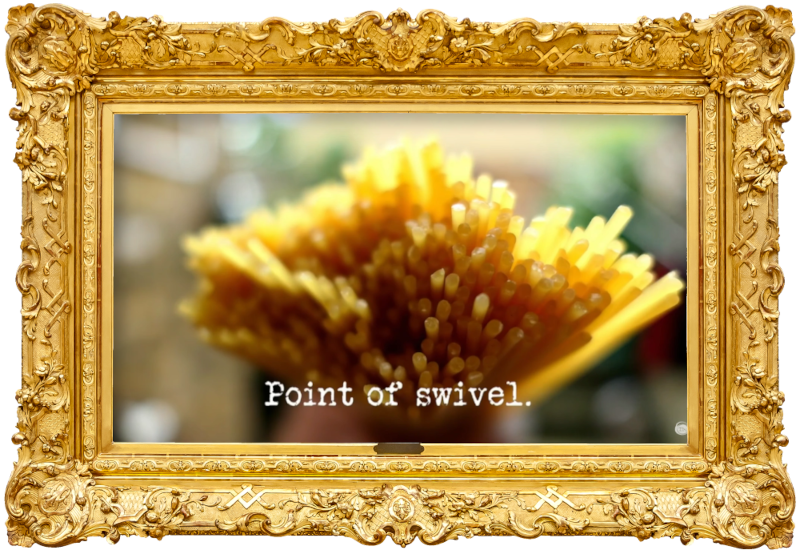 Image of a bunch of uncooked spaghetti (a reference to the 'Put the most spaghetti in a grapefruit' task), with the episode title, 'Point of swivel', superimposed on it. Image of a bunch of uncooked spaghetti (a reference to the 'Put the most spaghetti in a grapefruit' task), with the episode title, 'Point of swivel', superimposed on it.