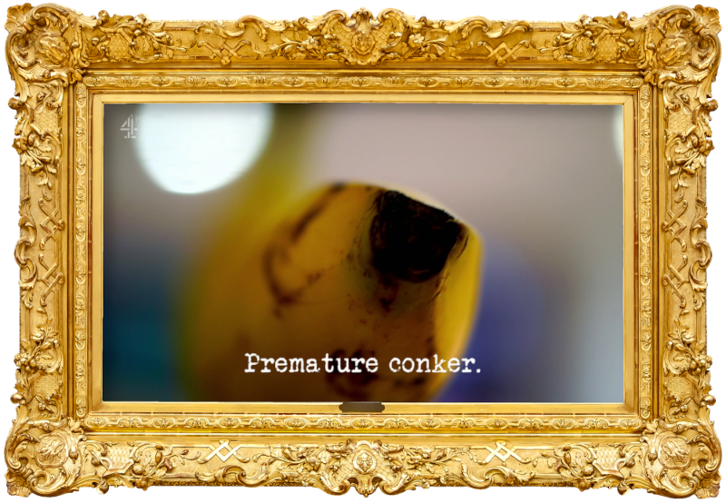 Image of the end of a banana (a reference to the 'Get all of the banana in the bottle' task), with the episode title, 'Premature conker', superimposed on it. Image of the end of a banana (a reference to the 'Get all of the banana in the bottle' task), with the episode title, 'Premature conker', superimposed on it.
