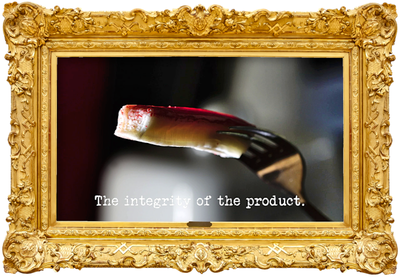 Image of a crab stick on a fork (a reference to Desiree's attempt at the 'Write and perform a 30-second jingle' task), with the episode title, 'The integrity of the product', superimposed on it. Image of a crab stick on a fork (a reference to Desiree's attempt at the 'Write and perform a 30-second jingle' task), with the episode title, 'The integrity of the product', superimposed on it.