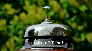 Image of a large service bell (a reference to the 'Make a popcorn necklace and do the right thing' task), with the episode title, 'A couple of Ethels', superimposed on it.