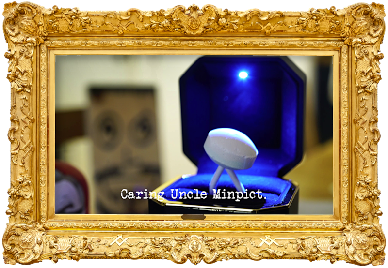 Image of a lollipop with its stick bent to make it into a ring, presented in a large ring box with an internal light (a reference to the 'Propose to Alex' task), with the episode title, 'Caring Uncle Minpict', superimposed on it. Image of a lollipop with its stick bent to make it into a ring, presented in a large ring box with an internal light (a reference to the 'Propose to Alex' task), with the episode title, 'Caring Uncle Minpict', superimposed on it.