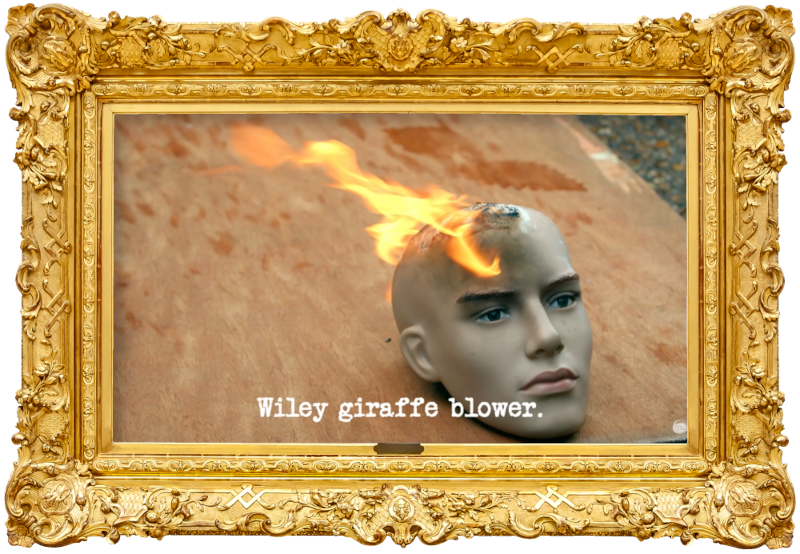 Image of a mannequin's head, set aflame, on top of a wooden board on the ground (taken during Bob Mortimer's attempt at the 'Perform a miracle' task), with the episode title, 'Wiley giraffe blower', superimposed on it. Image of a mannequin's head, set aflame, on top of a wooden board on the ground (taken during Bob Mortimer's attempt at the 'Perform a miracle' task), with the episode title, 'Wiley giraffe blower', superimposed on it.