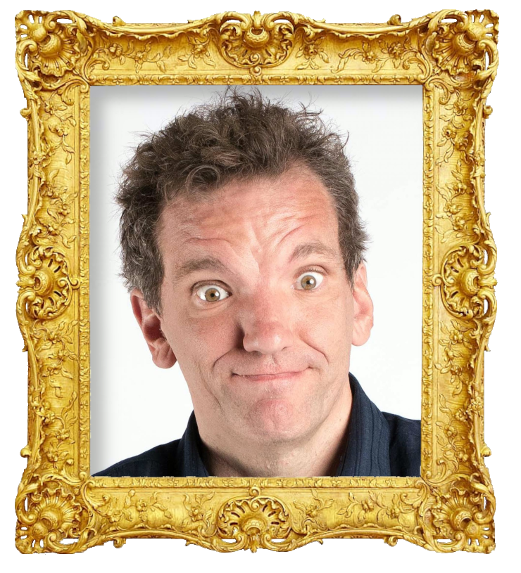 Headshot photo of Henning Wehn surrounded with an ornate golden frame.