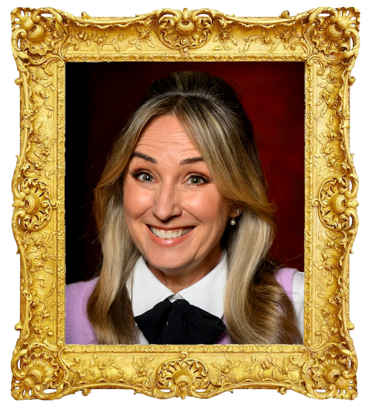 Headshot photo of Lisa McCune surrounded with an ornate golden frame.
