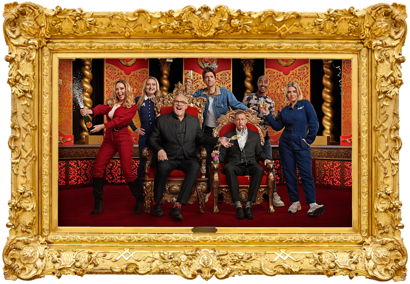 Cover image for the third New Year’s Treat special of the UK show Taskmaster, picturing the cast of the special: Greg Davies, Alex Horne, Amelia Dimoldenberg, Carol Vorderman, Sir Mo Farah, Greg James, and Rebecca Lucy-Taylor (aka 'Self-Esteem'). Cover image for the third New Year’s Treat special of the UK show Taskmaster, picturing the cast of the special: Greg Davies, Alex Horne, Amelia Dimoldenberg, Carol Vorderman, Sir Mo Farah, Greg James, and Rebecca Lucy-Taylor (aka 'Self-Esteem').