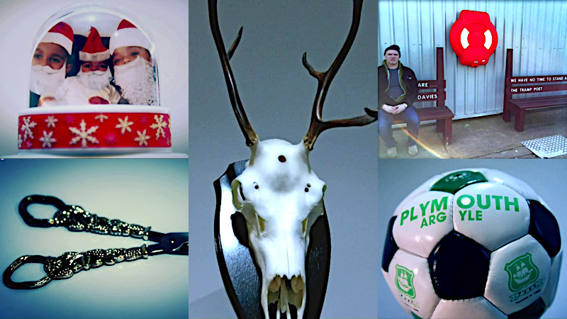 A composite of five images (top-left to bottom-right): a snow globe containing photos of Romesh Ranganathan's children dressed as Santa Claus; a reindeer skull, mounted on a wooden plaque; Greg Davies sat on a bench, on which poetry is written; the handles of a pair of ornate grape scissors; and a Plymouth Argyle FC branded football, with no visible autographs on it. A composite of five images (top-left to bottom-right): a snow globe containing photos of Romesh Ranganathan's children dressed as Santa Claus; a reindeer skull, mounted on a wooden plaque; Greg Davies sat on a bench, on which poetry is written; the handles of a pair of ornate grape scissors; and a Plymouth Argyle FC branded football, with no visible autographs on it.