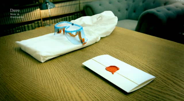 Sealed task on the living room table next to neatly folded protective clothing and goggles. Sealed task on the living room table next to neatly folded protective clothing and goggles.