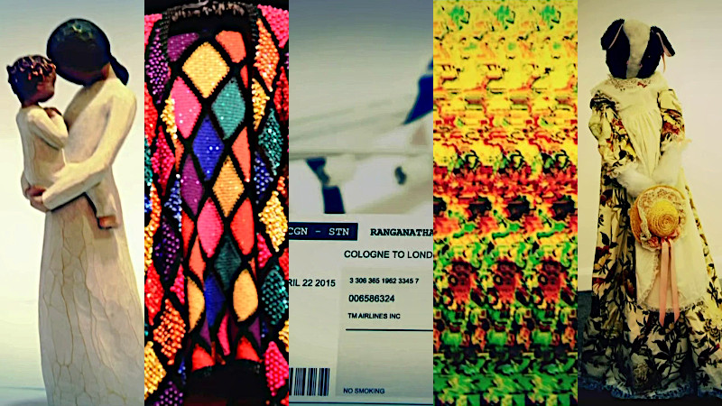 A composite of five images (left to right): a carved wooden figurine of a mother and child; a brightly-coloured, sequined cardigan with a diamond pattern; a plane ticket for a flight to Cologne; part of a 'magic eye' stereoscopic image; and a toilet roll cover resembling a badger standing on its hind legs, wearing a floral dress and a frilly apron, and holding a straw hat. A composite of five images (left to right): a carved wooden figurine of a mother and child; a brightly-coloured, sequined cardigan with a diamond pattern; a plane ticket for a flight to Cologne; part of a 'magic eye' stereoscopic image; and a toilet roll cover resembling a badger standing on its hind legs, wearing a floral dress and a frilly apron, and holding a straw hat.