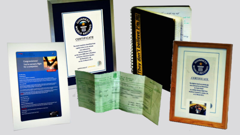 A composite of five images (top-left to bottom-right): a framed Guinness World Records certificate; a notebook containing rap lyrics; an airline companion voucher; a wedding certificate; and another framed Guinness World Records certificate. A composite of five images (top-left to bottom-right): a framed Guinness World Records certificate; a notebook containing rap lyrics; an airline companion voucher; a wedding certificate; and another framed Guinness World Records certificate.