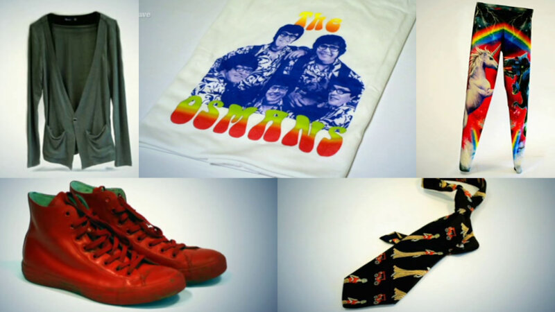 A composite of five images (top-left to bottom-right): a saggy green man's cardigan; a T-shirt featuring an image of the Osmonds, with Richard Osman's face photoshopped onto them; a pair of brightly-coloured leggings featuring a unicorn, a robot dinosaur, and a rainbow motif; a neck tie featuring a pattern consisting of a woman and a car apparently both from the early 20th century; and a pair of bright red waterproof trainers. A composite of five images (top-left to bottom-right): a saggy green man's cardigan; a T-shirt featuring an image of the Osmonds, with Richard Osman's face photoshopped onto them; a pair of brightly-coloured leggings featuring a unicorn, a robot dinosaur, and a rainbow motif; a neck tie featuring a pattern consisting of a woman and a car apparently both from the early 20th century; and a pair of bright red waterproof trainers.