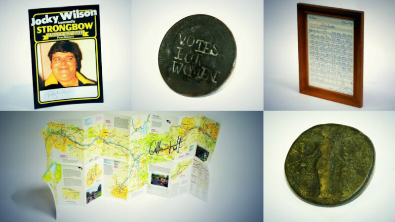 A composite of five images (top-left to bottom-right): a signed Jocky Wilson poster; a Suffragette coin; some framed sheet music signed by Myleene Klass; a map of the Grand Union Canal, signed by one of the lock keepers; and a Roman coin. A composite of five images (top-left to bottom-right): a signed Jocky Wilson poster; a Suffragette coin; some framed sheet music signed by Myleene Klass; a map of the Grand Union Canal, signed by one of the lock keepers; and a Roman coin.