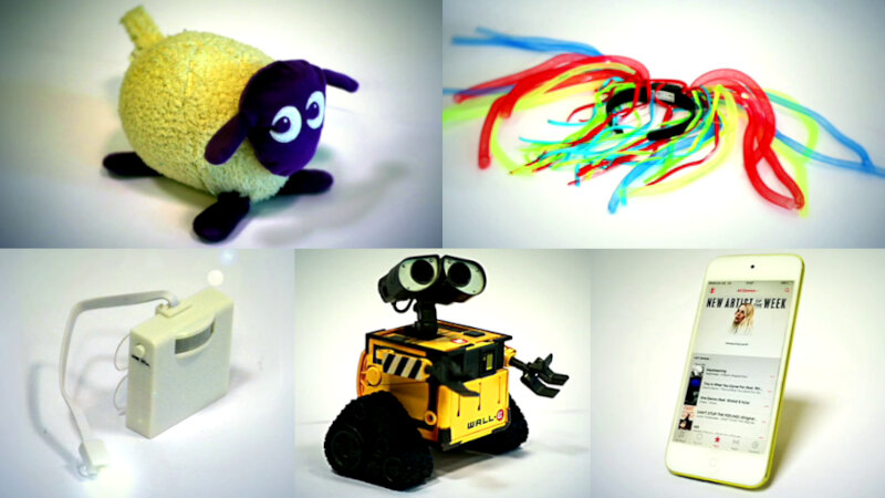 A composite of five images (top-left to bottom-right): a plush sheep toy; a light-up hairband with colourful fake dreadlocks; a toilet bowl light; a Wall-E robot toy; and an iPod Touch. A composite of five images (top-left to bottom-right): a plush sheep toy; a light-up hairband with colourful fake dreadlocks; a toilet bowl light; a Wall-E robot toy; and an iPod Touch.